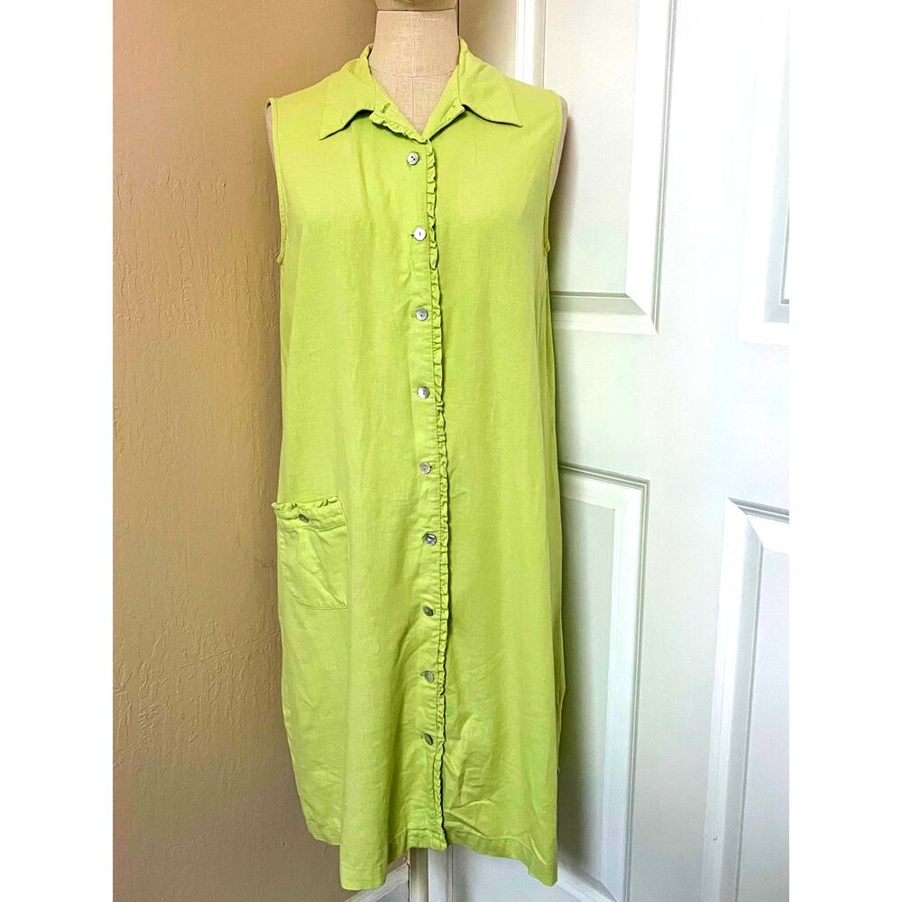 VTG Talbots Shirt Dress 12 Linen Button Down Ruffle Lime Green Vacation Collar